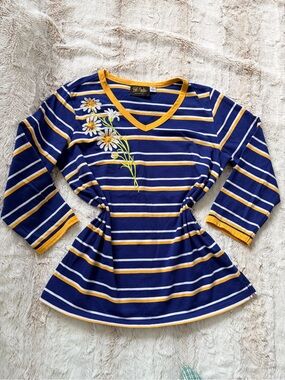 Bob Mackie Wearable Art Floral Striped Long Sleeve Top Small Cottagecore Boho